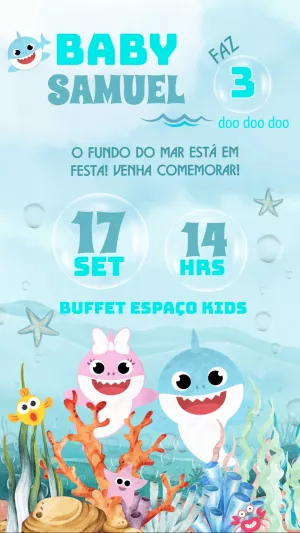 Convite Aniversário Baby Shark Aquarela para Editar Online