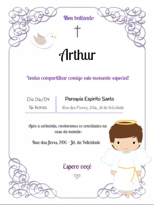 Convite de Batizado Anjinho Lilás para Editar Online