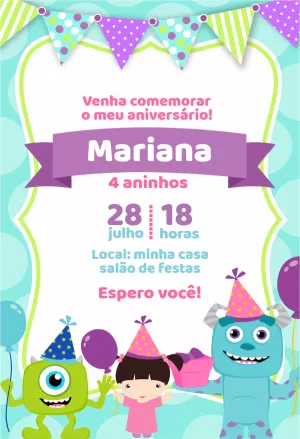 Convite Aniversário Monstros S.A. para Editar Online
