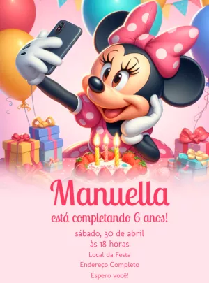Convite de Aniversário Minnie Mouse Selfie para Editar Online