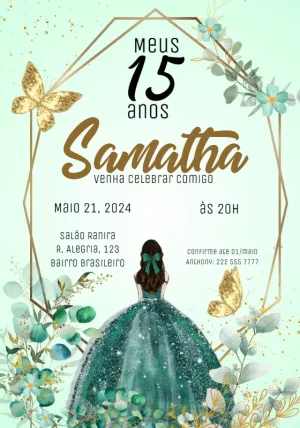 Convite de 15 anos Princesa com Borboletas Douradas para Editar