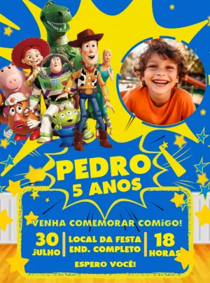 Convite Aniversário Toy Story com Foto para Editar Online