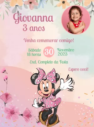 Convite Minnie Rosa Aquarela com Foto Editável Online