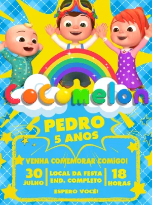 Convite Aniversário Cocomelon com Personagens para Editar Online