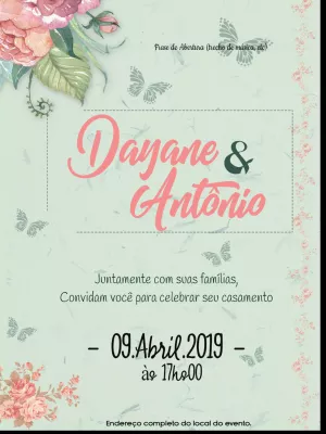 Convite de Casamento Floral com Borboletas para Editar Online