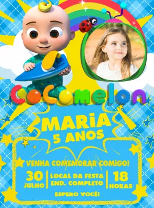 Convite Aniversário Cocomelon com Foto para Editar Online
