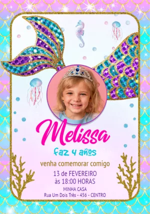 Convite Aniversário Sereia com Foto e Glitter para Editar Online