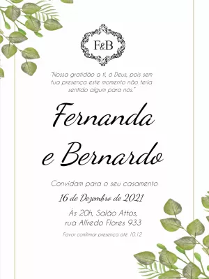 Convite de Casamento Botânico com Folhas para Editar Online