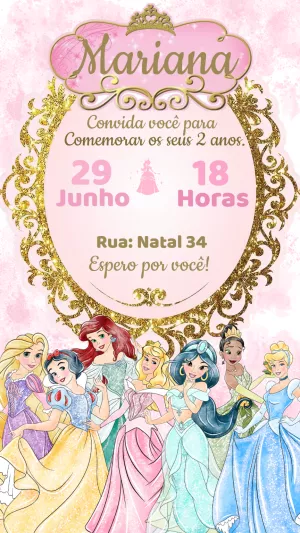 Convite de Aniversário Princesas Disney para Editar Online