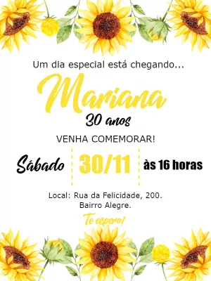 Convite de Aniversário Girassol para Editar Online