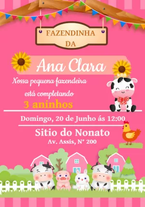 Convite de Aniversário Fazendinha Rosa para Editar Online