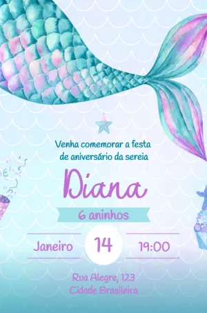 Convite de Aniversário Sereia Fundo do Mar para Editar