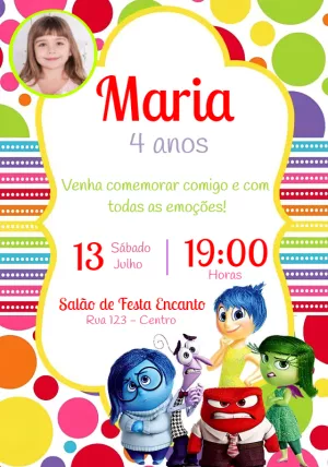 Convite Aniversário Divertida Mente com Foto para Editar