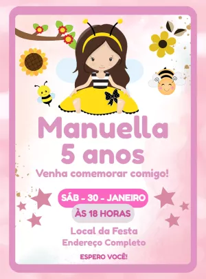 Convite Aniversário Abelhinha Menina para Editar Online