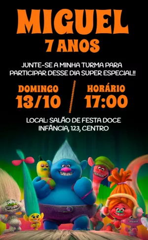 Convite de Aniversário Trolls com Personagens para Editar Online