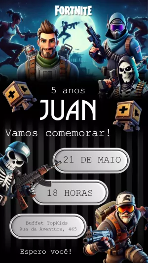 Convite Aniversário Fortnite com Personagens para Editar Online