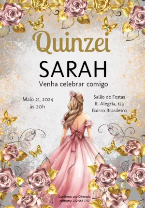 Convite 15 anos Princesa com Rosas Gold para Editar Online