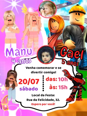 Convite Duplo Roblox Menino e Menina com Foto para Editar