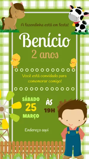Convite Aniversário Fazendinha com Animais para Editar Online
