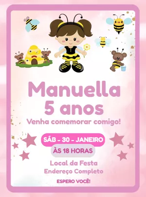 Convite Aniversário Abelhinha Menina para Editar Online
