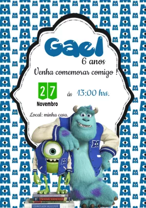 Convite Aniversário Monstros SA com Mike e Sulley para Editar