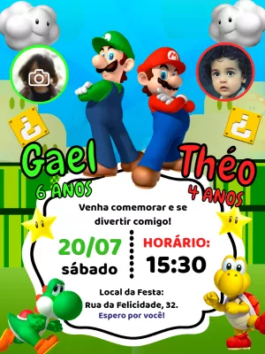 Convite Duplo Aniversário Super Mario e Luigi com Foto para Editar