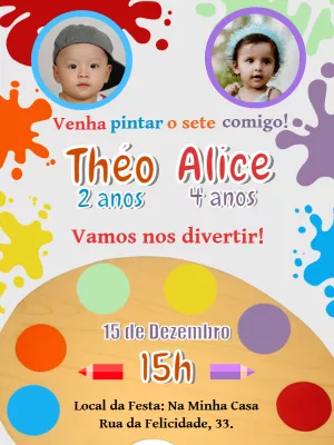 Convite Aniversário Duplo Pintando o 7 com Foto para Editar