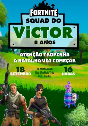 Convite de Aniversário Fortnite com Personagens para Editar