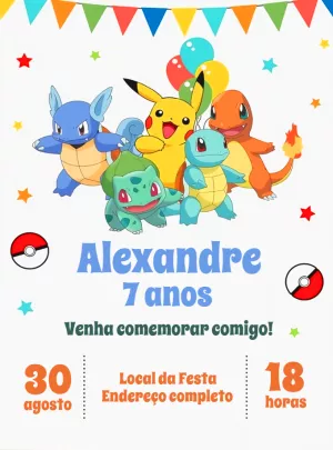 Convite Aniversário Pokémon com Personagens para Editar Online