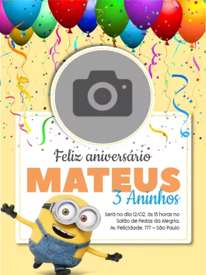 Convite de Aniversário Minions com Foto para Editar Online