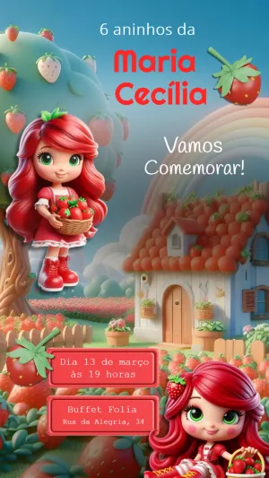 Convite de Aniversário Moranguinho Fofo para Editar Online