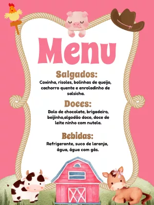 Cardápio Aniversário Fazendinha Rosa para Editar e Imprimir