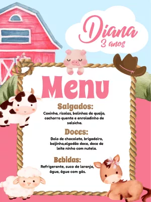 Cardápio Aniversário Fazendinha Rosa com Animais para Editar
