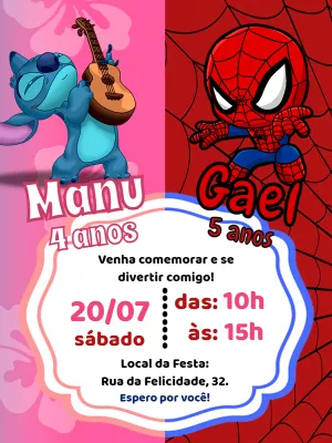 Convite Aniversário Duplo Stitch e Homem-Aranha para Editar