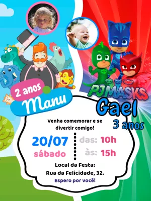 Convite Aniversário Duplo Mundo Bita e PJ Masks para Editar