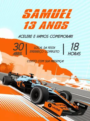 Convite Aniversário Fórmula 1 com Carro de Corrida para Editar