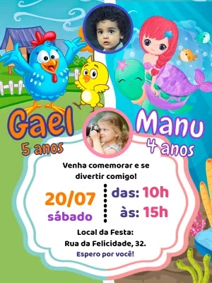 Convite Aniversário Duplo Galinha Pintadinha e Sereia para Editar