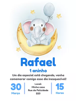 Convite Aniversário Elefante na Lua Editável Online