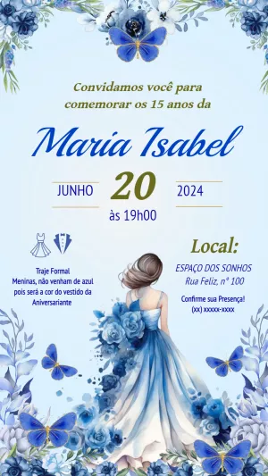 Convite 15 Anos Princesa Borboletas Azuis para Editar
