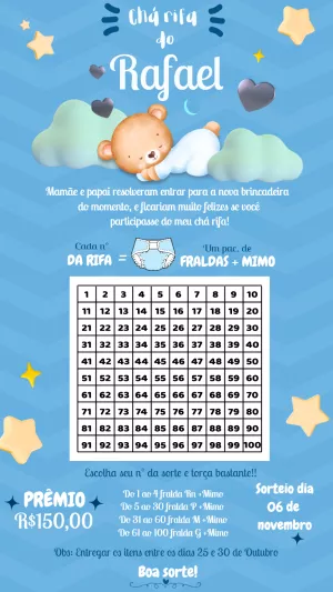 Rifa Chá de Bebê Ursinho nas Nuvens para Editar Online