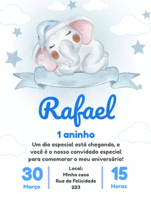 Convite Aniversário Elefante Baby Azul para Editar Online