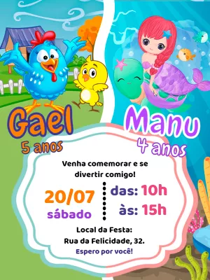 Convite Aniversário Duplo Galinha Pintadinha e Sereia para Editar