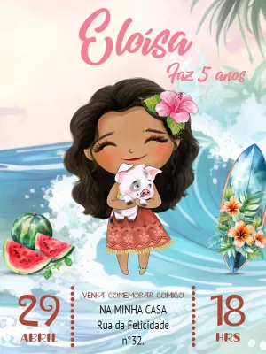 Convite de Aniversário Moana Baby Tropical para Editar Online