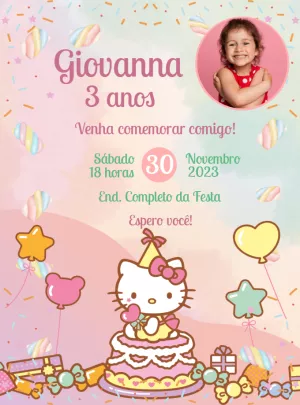 Convite Aniversário Hello Kitty Candy com Foto para Editar Online