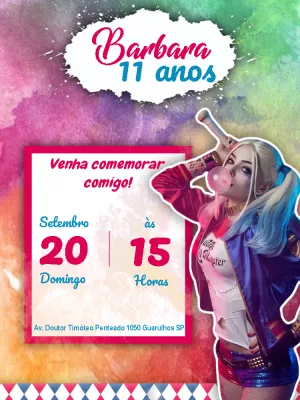 Convite de Aniversário Arlequina com Foto para Editar Online
