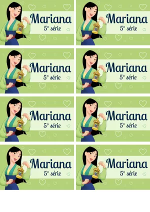 Etiqueta Escolar Mulan para Editar e Imprimir Grátis