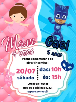 Convite Aniversário Duplo Bailarina e PJ Masks para Editar