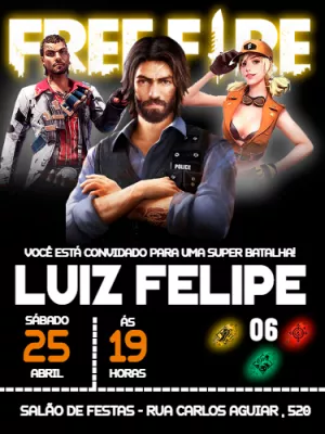 Convite Aniversário Free Fire com Personagens para Editar Online