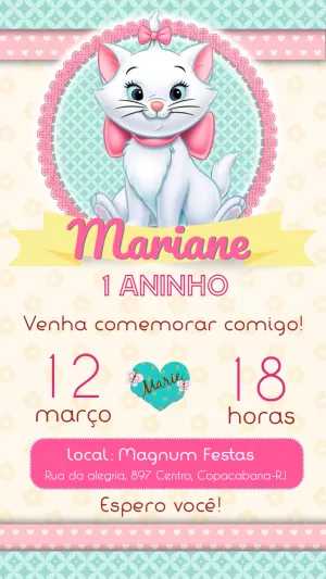 Convite Aniversário Gatinha Marie para Editar Online