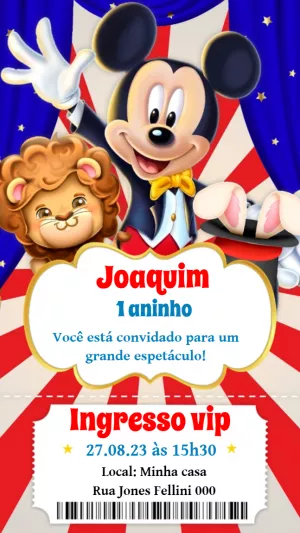 Convite Aniversário Circo do Mickey para Editar Online